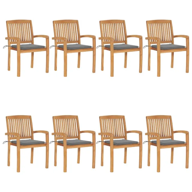 Chaises de jardin empilables avec coussins lot de 8 Teck solide