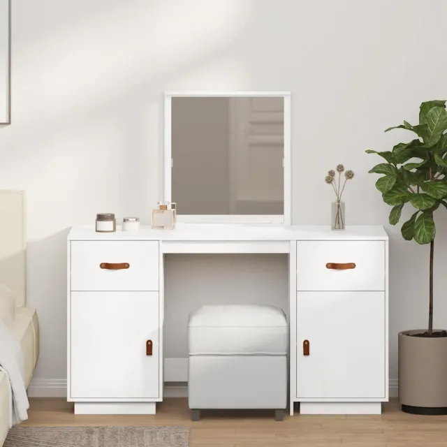 Ensemble de coiffeuse avec miroir Blanc Bois de pin solide