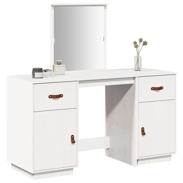 Ensemble de coiffeuse avec miroir Blanc Bois de pin solide