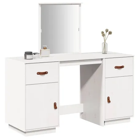 Ensemble de coiffeuse avec miroir Blanc Bois de pin solide