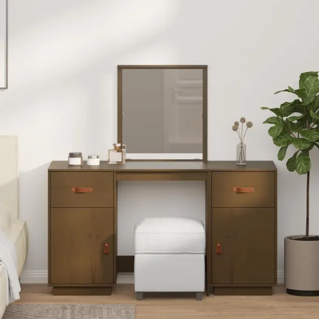 Ensemble de coiffeuse et miroir Marron miel Bois de pin solide