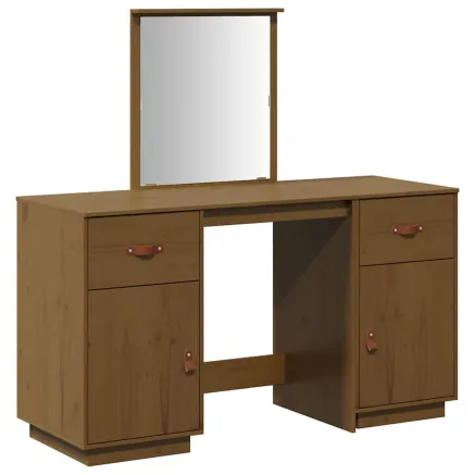 Ensemble de coiffeuse et miroir Marron miel Bois de pin solide 2