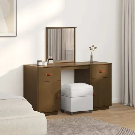 Ensemble de coiffeuse et miroir Marron miel Bois de pin solide