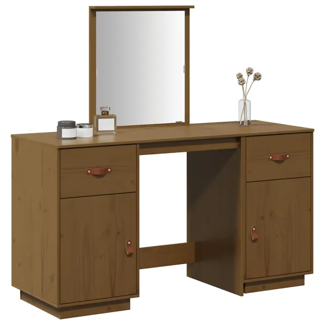 Ensemble de coiffeuse et miroir Marron miel Bois de pin solide