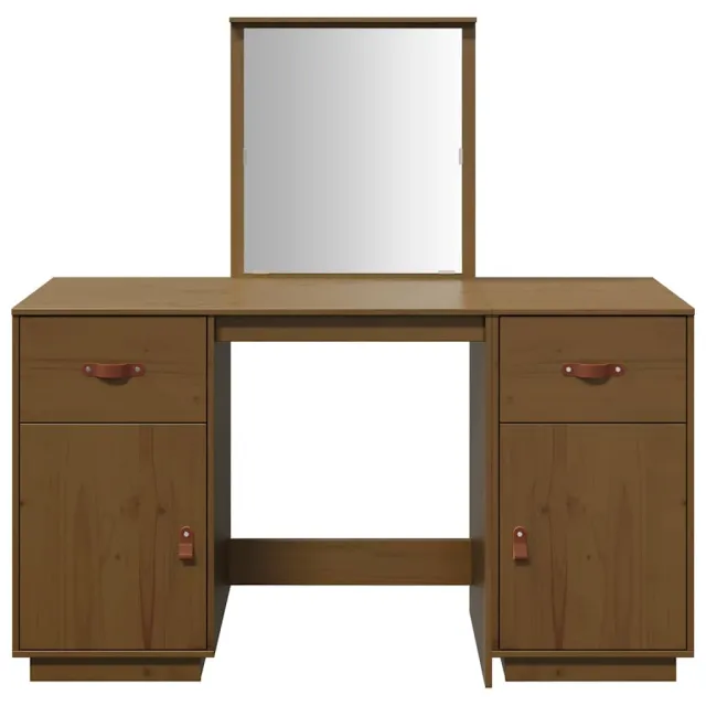 Ensemble de coiffeuse et miroir Marron miel Bois de pin solide