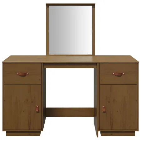 Ensemble de coiffeuse et miroir Marron miel Bois de pin solide