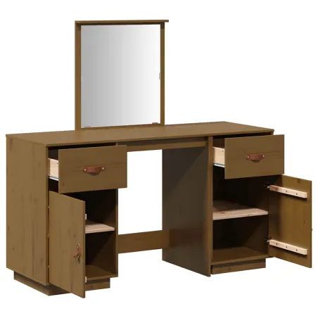 Ensemble de coiffeuse et miroir Marron miel Bois de pin solide