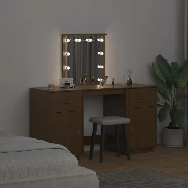 Ensemble de coiffeuse avec LED Marron miel Bois de pin solide