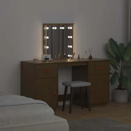 Ensemble de coiffeuse avec LED Marron miel Bois de pin solide