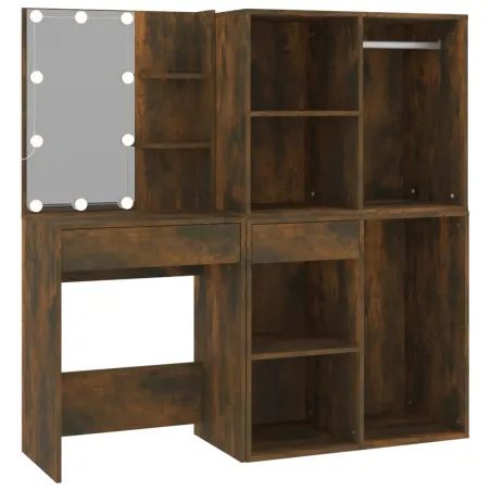 Coiffeuse à LED avec armoires Chêne fumé Bois d'ingénierie