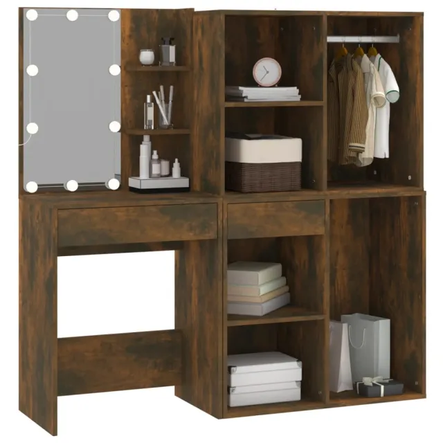 Coiffeuse à LED avec armoires Chêne fumé Bois d'ingénierie