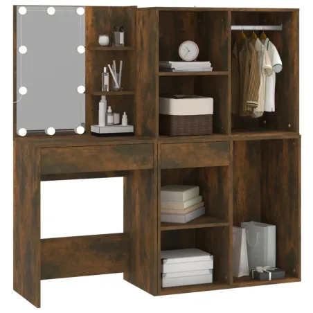 Coiffeuse à LED avec armoires Chêne fumé Bois d'ingénierie