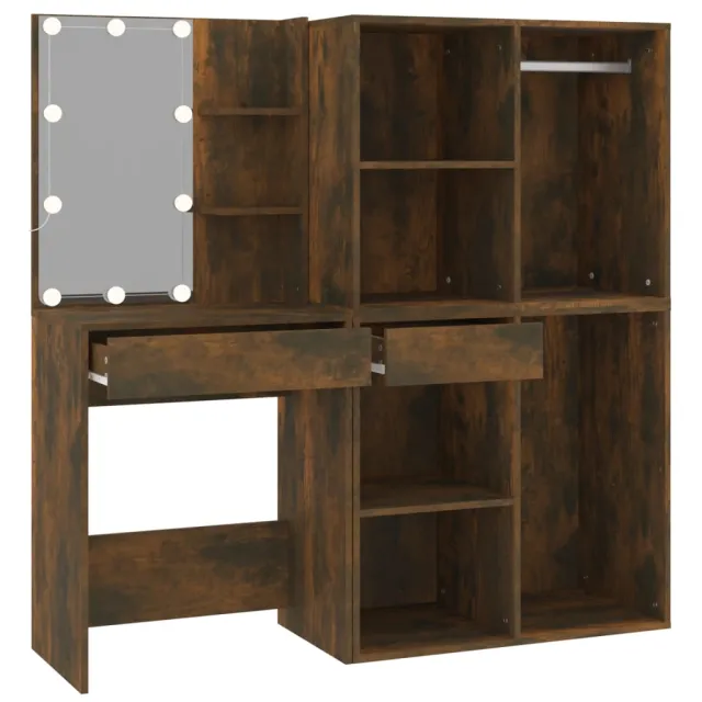 Coiffeuse à LED avec armoires Chêne fumé Bois d'ingénierie