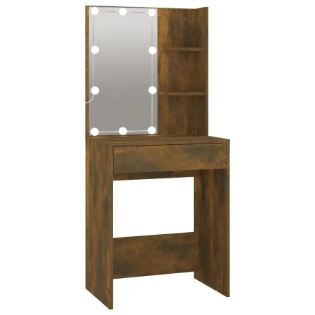 Coiffeuse à LED avec armoires Chêne fumé Bois d'ingénierie