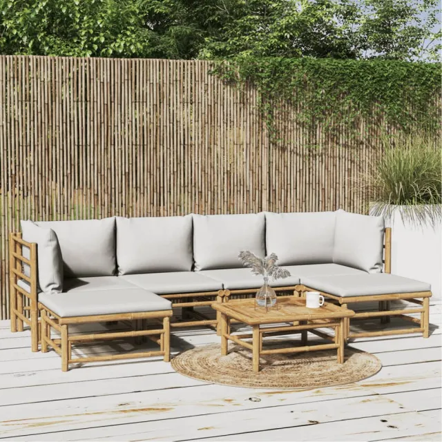 Salon de jardin 7 pcs avec coussins gris clair bambou