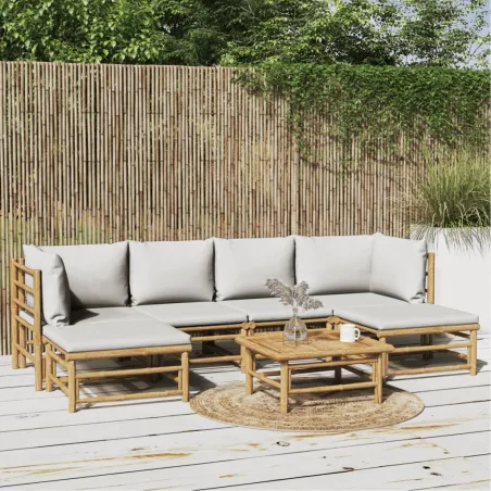 Salon de jardin 7 pcs avec coussins gris clair bambou