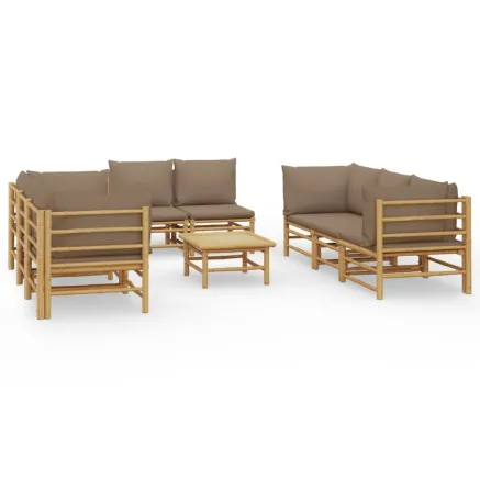 Salon de jardin 9 pcs avec coussins taupe bambou 2
