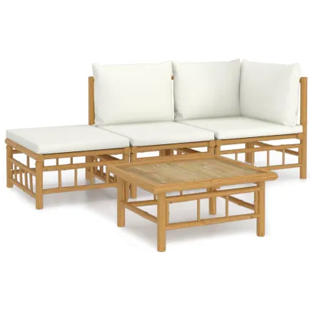 Salon de jardin 4 pcs avec coussins blanc crème bambou 2