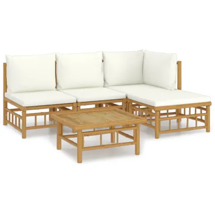 Salon de jardin 5 pcs avec coussins blanc crème bambou 2