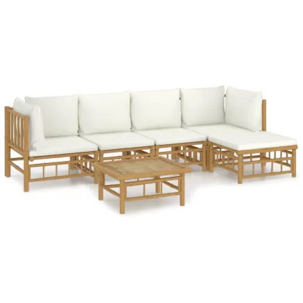 Salon de jardin 6 pcs avec coussins blanc crème bambou 2
