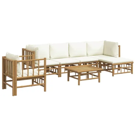 Salon de jardin 7 pcs avec coussins blanc crème bambou