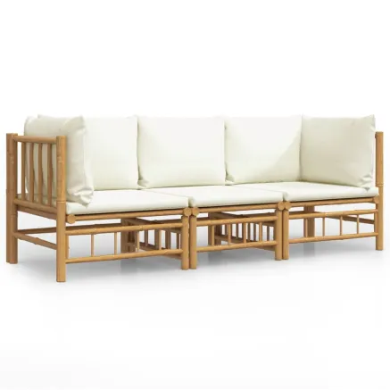 Salon de jardin 3 pcs avec coussins blanc crème bambou 2