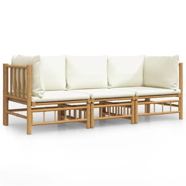 Salon de jardin 3 pcs avec coussins blanc crème bambou