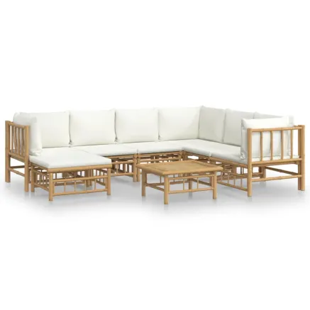 Salon de jardin 8 pcs avec coussins blanc crème bambou 2