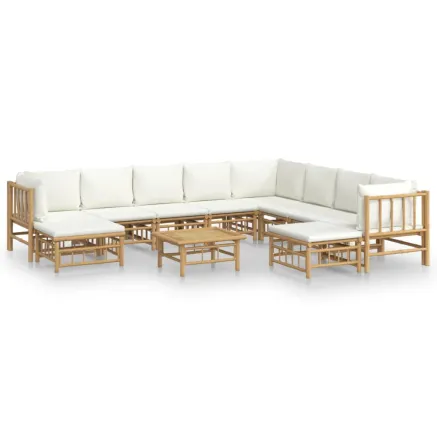Salon de jardin 11 pcs avec coussins blanc crème bambou 2