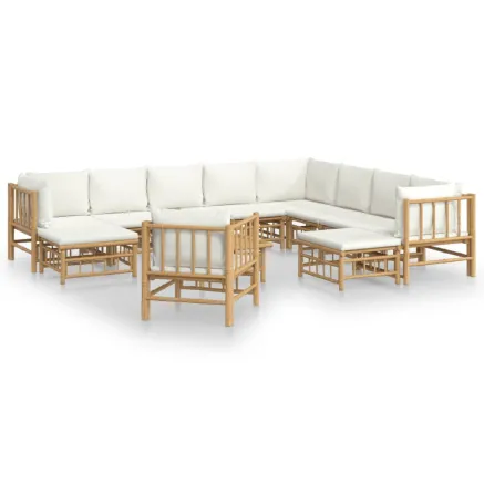 Salon de jardin 12 pcs avec coussins blanc crème bambou 2