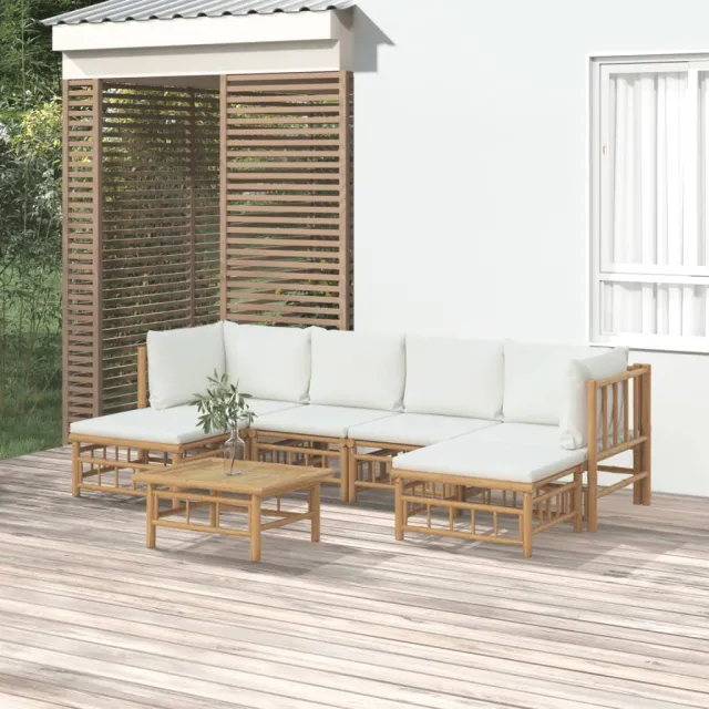 Salon de jardin 7 pcs avec coussins blanc crème bambou