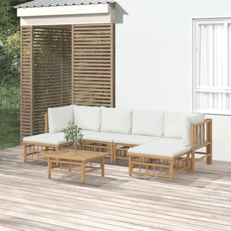 Salon de jardin 7 pcs avec coussins blanc crème bambou