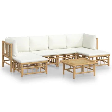 Salon de jardin 7 pcs avec coussins blanc crème bambou 2