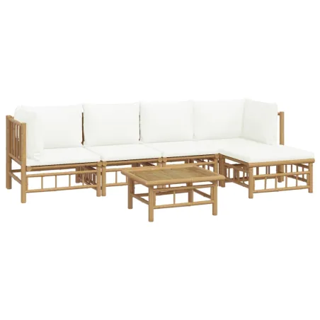 Salon de jardin 6 pcs avec coussins blanc crème bambou