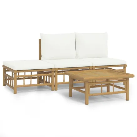 Salon de jardin 4 pcs avec coussins blanc crème bambou 2