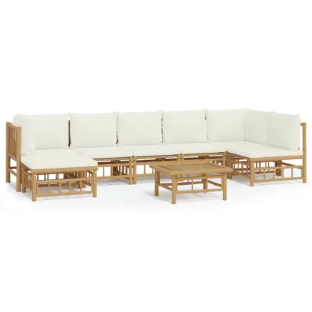 Salon de jardin 8 pcs avec coussins blanc crème bambou 2