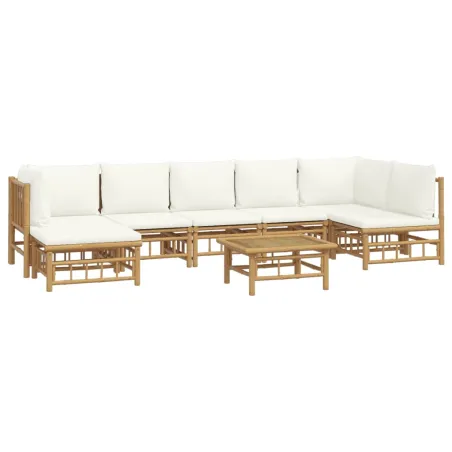Salon de jardin 8 pcs avec coussins blanc crème bambou