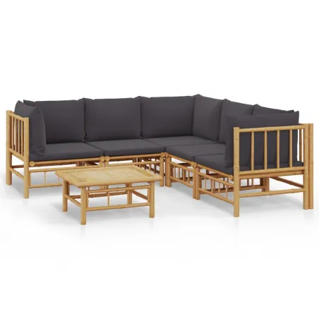Salon de jardin 6 pcs avec coussins gris foncé bambou