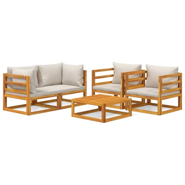 Salon de jardin 5 pcs avec coussins gris clair bois massif