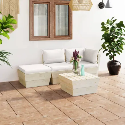 Salon de jardin palette 4 pcs avec coussins Épicéa imprégné