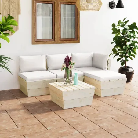 Salon de jardin palette 5 pcs avec coussins bois d'épicéa