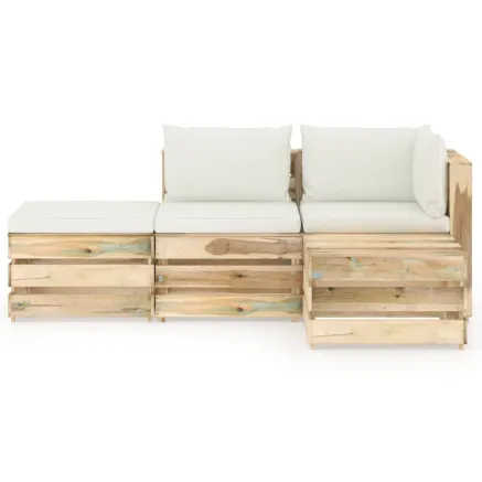 Salon de jardin 4 pcs avec coussins vert bois imprégné 2