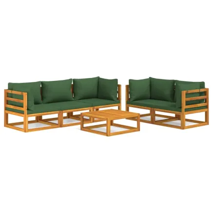 Salon de jardin 6 pcs avec coussins vert bois massif 2