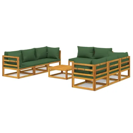 Salon de jardin 9 pcs avec coussins vert bois massif 2