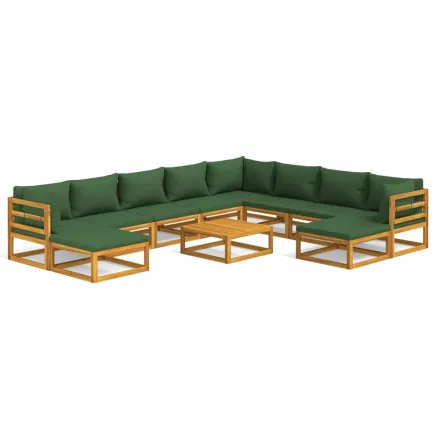 Salon de jardin 11 pcs avec coussins vert bois massif 2