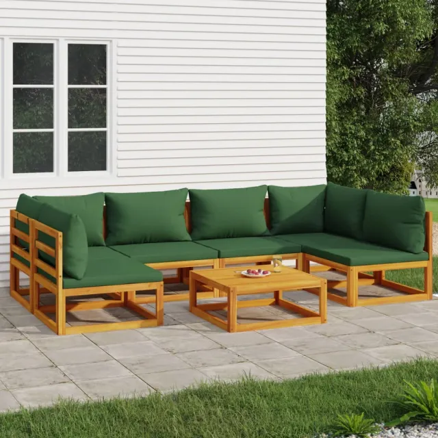 Salon de jardin 7 pcs avec coussins vert bois massif