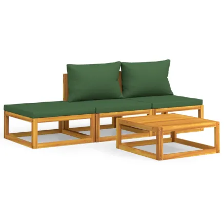 Salon de jardin 4 pcs avec coussins vert bois massif 2