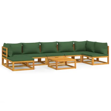 Salon de jardin 8 pcs avec coussins vert bois massif 2