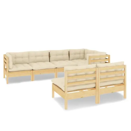 Salon de jardin 7 pcs avec coussins crème bois de pin massif