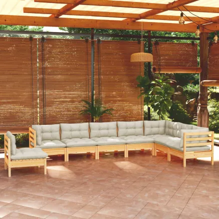 Salon de jardin 8 pcs avec coussins crème Bois de pin massif